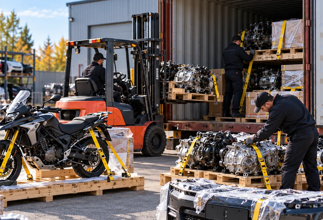 Illustration: auto parts being loaded for container shipping
